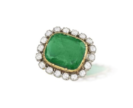 A LATE 19TH CENTURY EMERALD AND DIAMOND BROOCHThe cushion-shaped emerald within multiple-claw setting, to an old cushion-shap