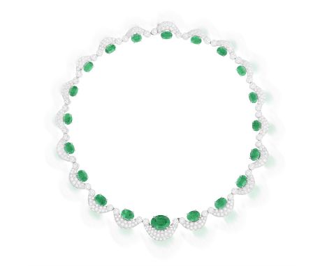 AN IMPORTANT EMERALD AND DIAMOND NECKLACE AND EARCLIPS EN SUITE The necklace composed of graduated curved pavé-set brilliant-