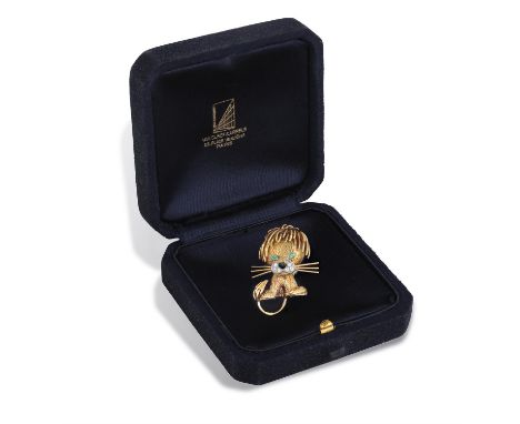 VAN CLEEF & ARPELS: A GEM-SET AND DIAMOND 'LION EBOURIFFÉ' NOVELTY BROOCH, CIRCA 1960In the form of a lion, the eyes set with