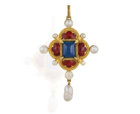 A LATE 19TH CENTURY CULTURED PEARL, CHALCEDONY AND ENAMEL PENDANT, CIRCA 1880Of quatrefoil design, centring a rectangular-sha