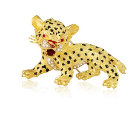 FRASCAROLO: AN ENAMEL, RUBY AND DIAMOND LEOPARD BROOCH, CIRCA 1960Modelled as a roaring leopard, its textured body applied wi