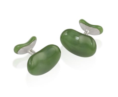 TIFFANY & CO. DESIGNED BY ELSA PERETTI: A PAIR OF JADE 'BEAN' CUFFLINKSEach polished jade bean front and back, mounted in 925