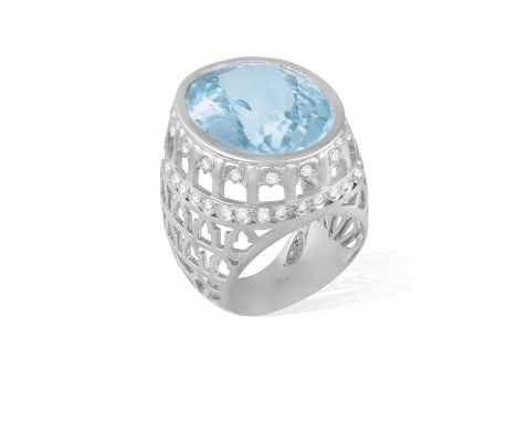 AN AQUAMARINE AND DIAMOND COCKTAIL RINGThe collet-set oval-shaped aquamarine weighing approximately 20.00cts, to an openwork 