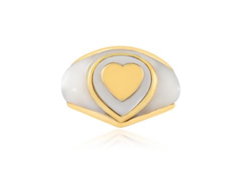 MARINA B: A MOTHER-OF PEARL AND GOLD RING, CIRCA 1980Of bombé design, centring a heart-shaped plaque, within a mother-of-pear