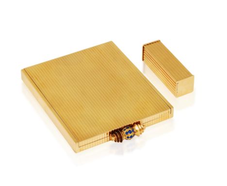 BOUCHERON: A GOLD AND SAPPHIRE COMPACT, WITH MATCHING LIPSTICK HOLDER, CIRCA 1935-40The rectangular powder compact, the exter