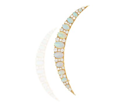 A LATE 19TH CENTURY OPAL AND DIAMOND BROOCHOf crescent design, set with graduated oval-shaped opal cabochons, between old bri