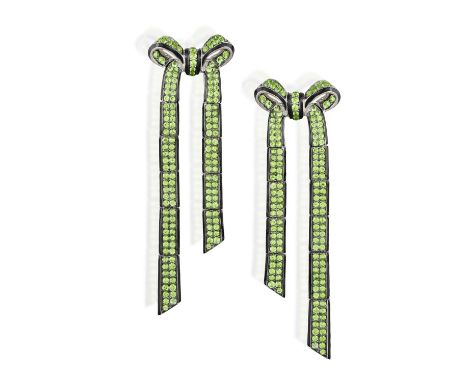 MICHELE DELLA VALLE: A PAIR OF TSAVORITE AND ENAMEL PENDENT EARRINGSEach stylised long ribbon bow, pavé-set with circular-cut