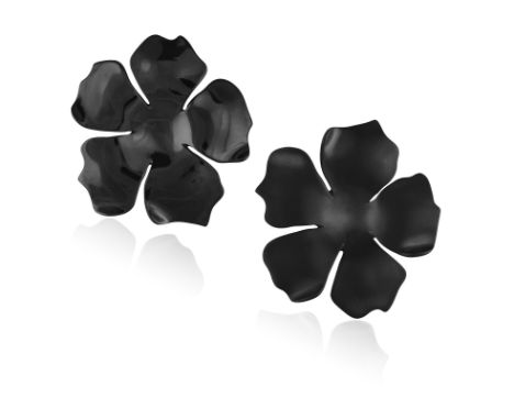 MARGHERITA BURGENER: A PAIR OF TITANIUM EARCLIPSEach handmade as a black titanium flowerhead, polished or brushed, mounted in