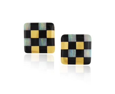 TIFFANY & CO. DESIGNED BY ANGELA CUMMINGS: A PAIR OF OPAL, BLACK JADE AND GOLD EARCLIPS, CIRCA 1982Of chequerboard design, in