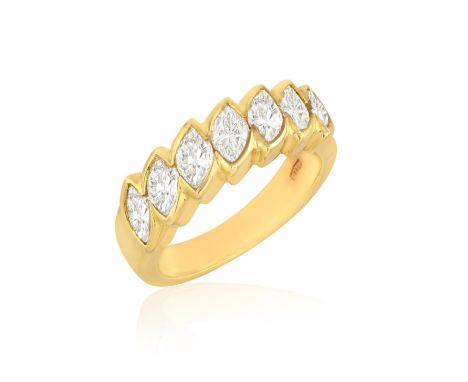 A DIAMOND HALF-ETERNITY RINGComposed of seven marquise-shaped diamonds, within collet-setting, mounted in 18K gold, diamonds 