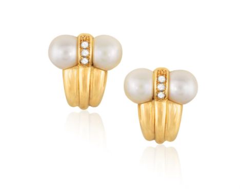 BULGARI: A PAIR OF CULTURED PEARL AND DIAMOND EARCLIPSEach set with two cultured pearls of white tint, between brilliant-cut 