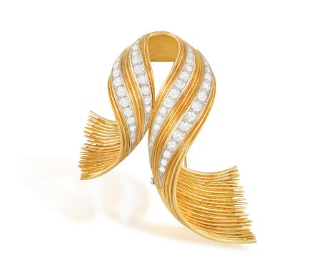 GÜBELIN: A DIAMOND BROOCH, SWISS, CIRCA 1965Of scrolled wire design, highlighted with graduated with brilliant and single-cut