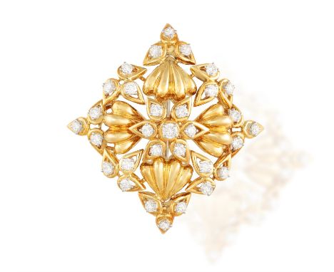 CARTIER: A DIAMOND PENDANT BROOCH Of openwork lozenge-shape design, composed of reeded quarters and brilliant-cut diamond flo