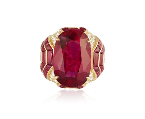 BULGARI: A FINE RUBELLITE, RUBY AND DIAMOND RINGOf bombé design, centring an oval-shaped rubellite weighing approximately 15.