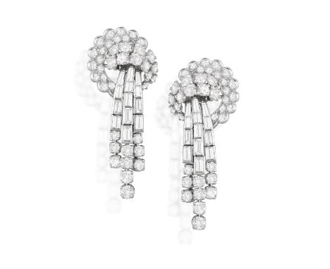 A PAIR OF DIAMOND PENDENT CLIP EARRINGS, FRENCH, CIRCA 1955Each surmount designed as a stylised scalloped knot of brilliant-c