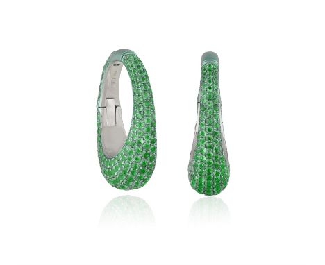 A PAIR OF EMERALD HOOP EARRINGS/RINGSEach hoop pavé-set with circular-cut emeralds throughout, convertible from two rings to 