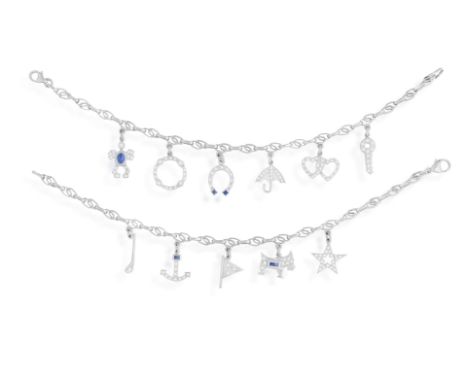 A PAIR OF SAPPHIRE AND DIAMOND CHARM BRACELETSEach fancy-link chain, suspending various charms such as a horseshoe, an anchor