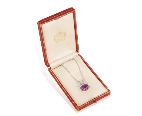 CARTIER: AN AMETHYST, ENAMEL AND DIAMOND PENDENT NECKLACEThe millegrain-set rose-cut diamond bow suspending an oval-shaped am