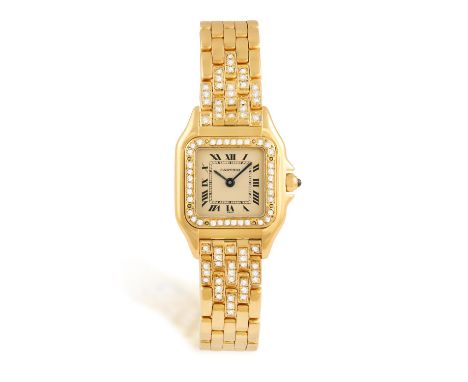 CARTIER: A LADY'S 18K GOLD AND DIAMOND-SET 'PANTHÈRE' BRACELET WATCHThe 4-jewel Cal-057 quartz movement, square cream dial wi