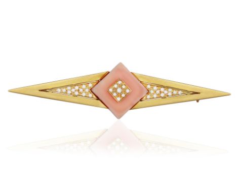 BULGARI: A CORAL AND DIAMOND BROOCH, CIRCA 1970Of rhombus shape, centring a coral plaque accented with brilliant-cut diamonds