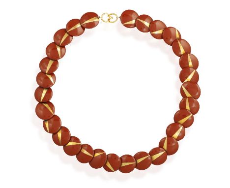 TIFFANY & CO., DESIGNED BY ANGELA CUMMINGS: A COLLECTIBLE JASPER AND GOLD NECKLACE, CIRCA 1980Composed of a single strand of 
