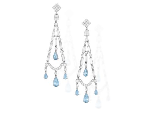 A PAIR OF AQUAMARINE AND DIAMOND PENDENT EARRINGSOf chandelier scrolling design, set with square and tapered baguette-cut and