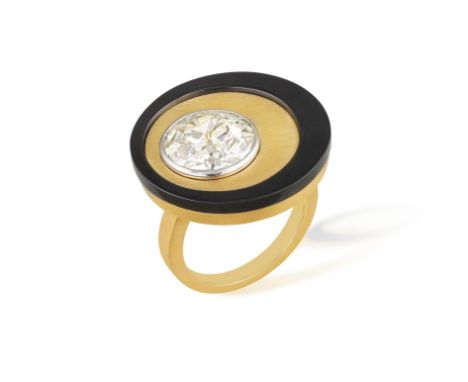 LANGI: A DIAMOND 'ADAM'S' SINGLE-STONE RINGThe circular-shaped mount applied with a brushed finish, collet-set with an old Eu
