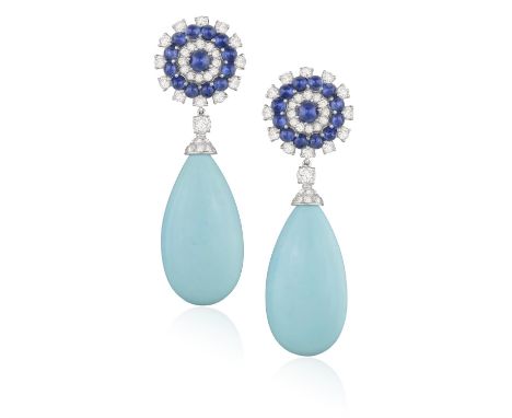 BULGARI: A PAIR OF TURQUOISE, SAPPHIRE AND DIAMOND PENDENT EARCLIPSEach turquoise drop with brilliant-cut diamond cap, to an 