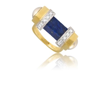 MARCHISIO: A LAPIS LAZULI AND DIAMOND RING, CIRCA 1968Centring a lapis lazuli baton, between single-cut diamond borders, to r