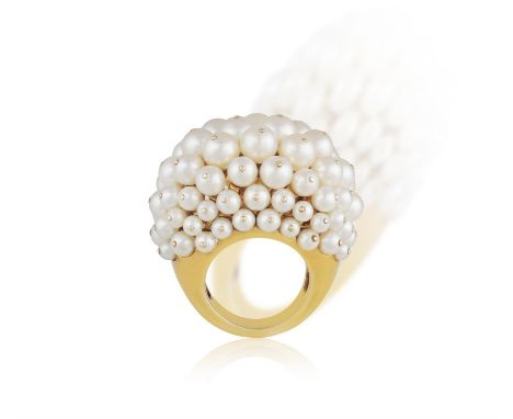 RENÉ BOIVIN: A COLLECTIBLE 'GROSEILLES' CULTURED PEARL RINGOf bombé design, set with graduated cultured pearls, each punctuat