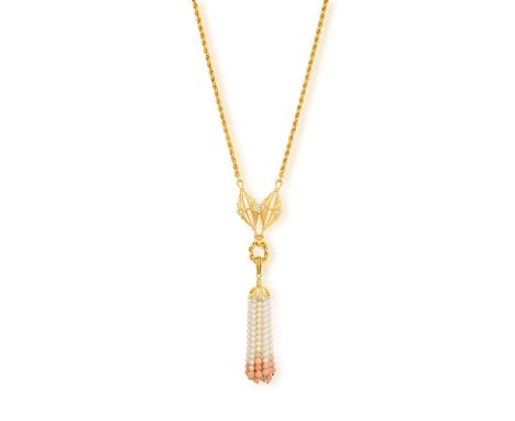 JEAN & PIERRE BELLIN: A CORAL, DIAMOND AND CULTURED PEARL PENDANT NECKLACE, CIRCA 1970The ropetwist-link chain suspending two