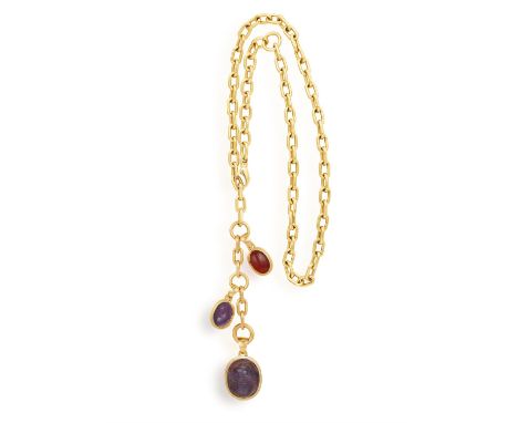 AN AMETHYST AND CARNELIAN CHAIN PENDANT NECKLACEThe fancy-link gold chain, suspending two charms set with an oval-shaped amet