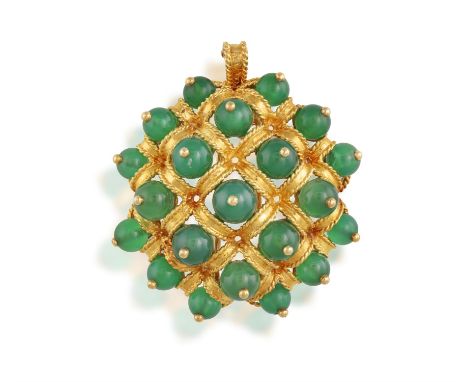 VAN CLEEF & ARPELS: A CHRYSOPRASE PENDANT/BROOCH, CIRCA 1965-70Of openwork lattice design, set throughout with chrysoprase be