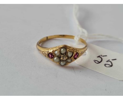 A Victorian high carat gold pearl and ruby cluster ring, size O, A/F shank