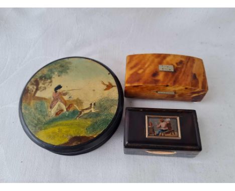 Gold mounted snuff box 2 inch long , a papier mache box and another