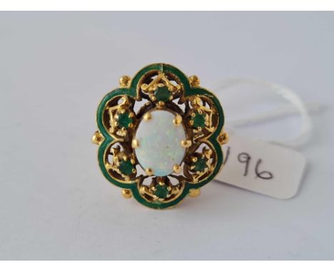 A OPAL EMERALD AND ENAMELLED RING 18CT GOLD SIZE O       12 GMS 