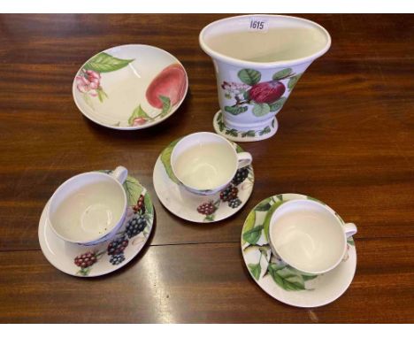 A Portmeirion Eden Fruit, three sups and saucers, a bowl plus a vase