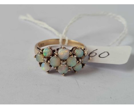 A vintage opal and diamond triple cluster ring, 9ct, size O, 3.3 g.