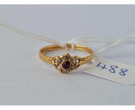 a ruby and diamond cluster ring, 18ct, size P, 2.0 g.