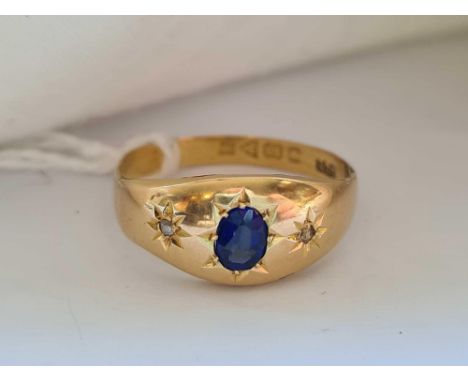 AN ATTRACTIVE SAPPHIRE AND DIAMOND GYPSY SET RING, 18ct, Chester hallmark 1913