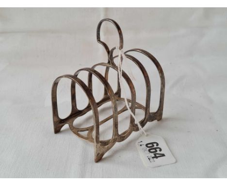 A five bar toast rack with ring handle, 3.25” wide, Sheffield 1907 by SH, 79 g.