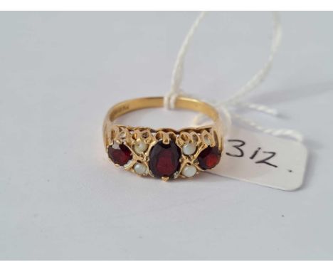 A three stone garnet and opal half hoop ring 9ct size S     3.4 gms 