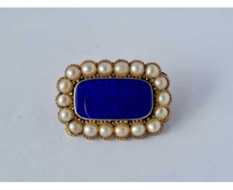 Victorian 15ct rectangular brooch set with pearls surrounding set with a blue enamel centre