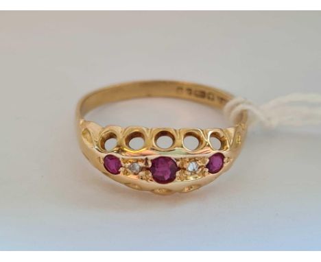 A five stone boat shaped ruby and diamond ring, 9ct, size L, 1.6 g.