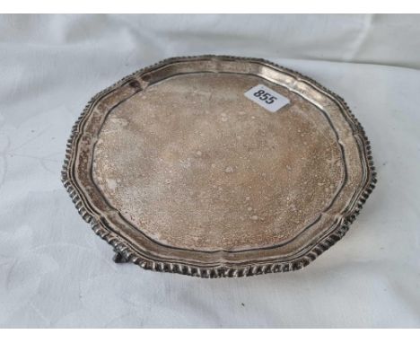 Good plain salver with shaped gadroon border and three claw and ball feet. 8 inch diam. Sheffield 1915 By R &amp; A 378 gms