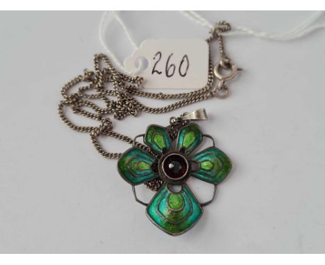 An Art Nouveau silver and enamel pendant on chain, 18” long