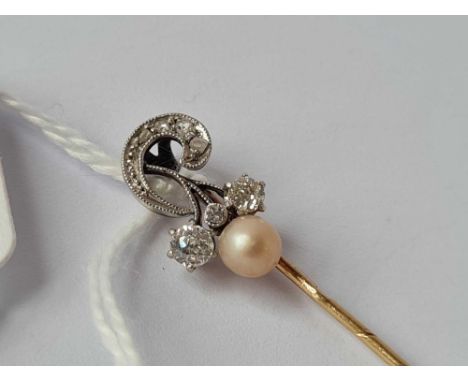 A fancy natural pearl and diamond French high carat vintage stick pin