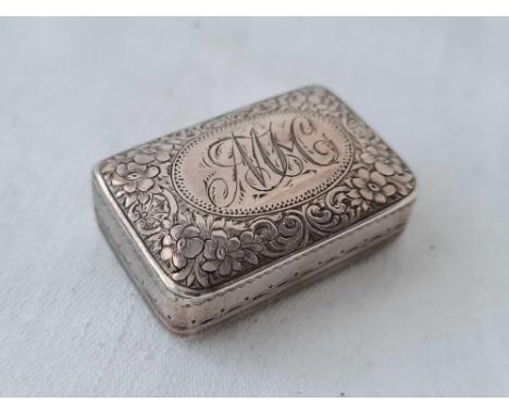 Georgian snuff box engraved with flowers and scrolls , gilt interior. 1.75 inch wide. Birmingham 1816 By IS