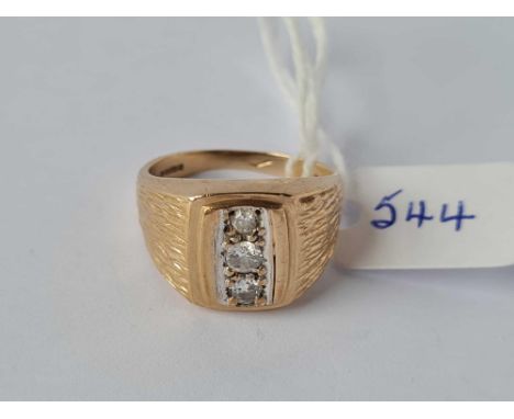 A gold signet ring set with three diamonds, 9ct, size O, 6.1 g