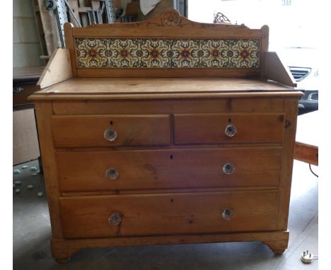 Victorian Pine chest of 4 drawers (2 large, 2 small) with decorative tiled back panel 104cm W, 102cm H, 48cm D 